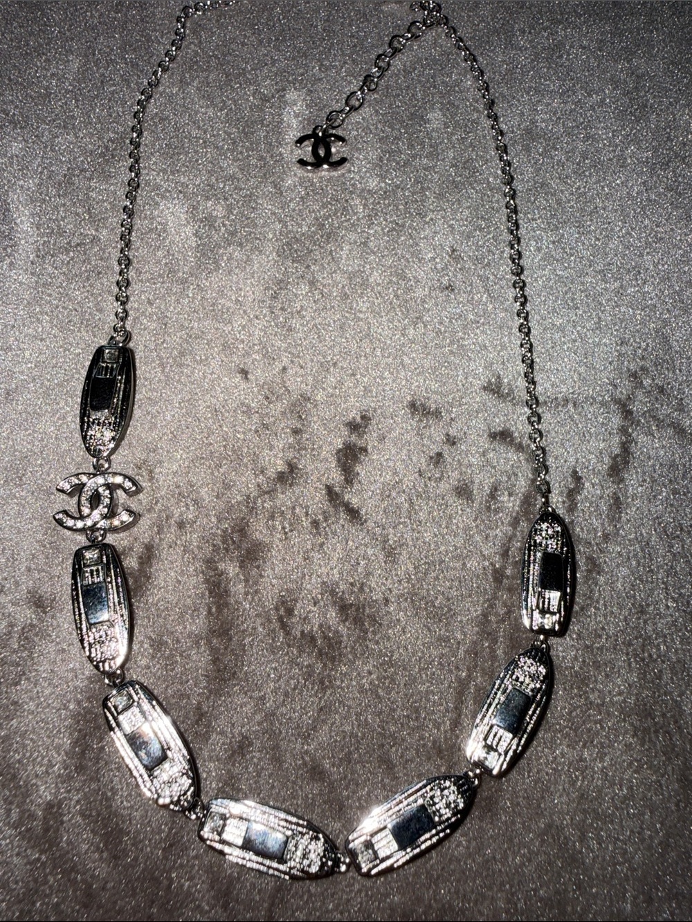 Chanel Yachts Boats Silver Rhinestone Crystal Logo Link Necklace